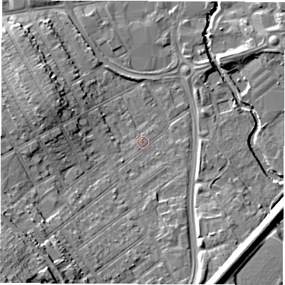 Shaded relief map of the ground around CV115QT, computed from Environment Agency LiDAR. The ground here sits at about 83 m above sea level and falls 23 m across the surrounding 800 m. Surface water reaching this point runs off ground lying to the south-west, 10.0 m higher.