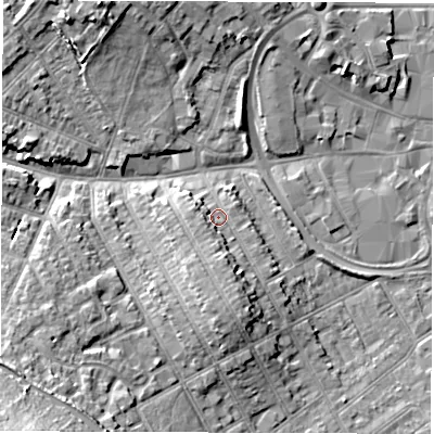 Shaded relief map of the ground around CV115RH, computed from Environment Agency LiDAR. The ground here sits at about 85 m above sea level and falls 16 m across the surrounding 800 m. Surface water reaching this point runs off ground lying to the south-south-west, 3.3 m higher.