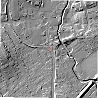 Shaded relief map of the ground around CV115TJ, computed from Environment Agency LiDAR. The ground here sits at about 82 m above sea level and falls 13 m across the surrounding 800 m. Surface water reaching this point runs off ground lying to the south-west, 5.9 m higher.