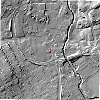 Shaded relief map of the ground around CV115TL, computed from Environment Agency LiDAR. The ground here sits at about 82 m above sea level and falls 12 m across the surrounding 800 m. Surface water reaching this point runs off ground lying to the west-south-west, 7.4 m higher.