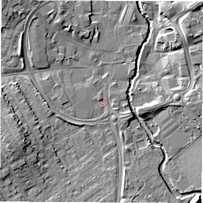 Shaded relief map of the ground around CV115TQ, computed from Environment Agency LiDAR. The ground here sits at about 82 m above sea level and falls 11 m across the surrounding 800 m. Surface water reaching this point runs off ground lying to the west-south-west, 7.4 m higher.