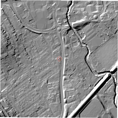 Shaded relief map of the ground around CV115TW, computed from Environment Agency LiDAR. The ground here sits at about 83 m above sea level and falls 16 m across the surrounding 800 m. Surface water reaching this point runs off ground lying to the south-south-east, 11.1 m higher.