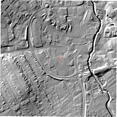 Shaded relief map of the ground around CV115TZ, computed from Environment Agency LiDAR. The ground here sits at about 82 m above sea level and falls 12 m across the surrounding 800 m. Surface water reaching this point runs off ground lying to the west, 1.1 m higher.