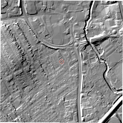 Shaded relief map of the ground around CV115UR, computed from Environment Agency LiDAR. The ground here sits at about 82 m above sea level and falls 17 m across the surrounding 800 m. Surface water reaching this point runs off ground lying to the south-south-west, 2.1 m higher.