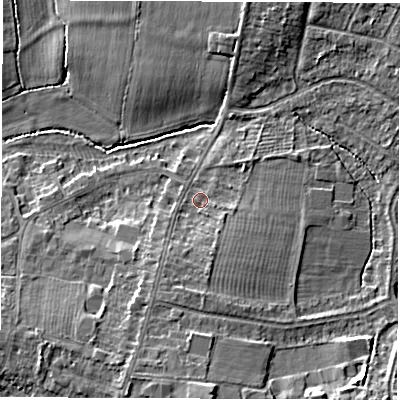 Shaded relief map of the ground around CV116AS, computed from Environment Agency LiDAR. The ground here sits at about 83 m above sea level and falls 8 m across the surrounding 800 m. Surface water reaching this point runs off ground lying to the south, 3.1 m higher.