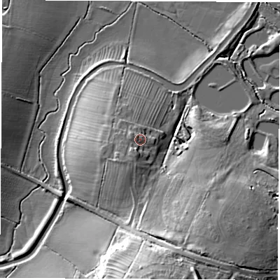 Shaded relief map of the ground around CV116AY, computed from Environment Agency LiDAR. The ground here sits at about 100 m above sea level and falls 25 m across the surrounding 800 m. Surface water reaching this point runs off ground lying to the south-west, 2.8 m higher.