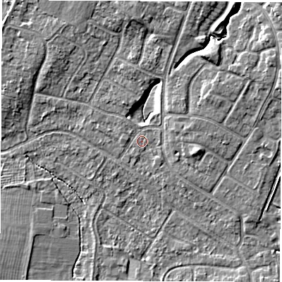 Shaded relief map of the ground around CV116DB, computed from Environment Agency LiDAR. The ground here sits at about 84 m above sea level and falls 8 m across the surrounding 800 m. Surface water reaching this point runs off ground lying to the north-east, 5.2 m higher.