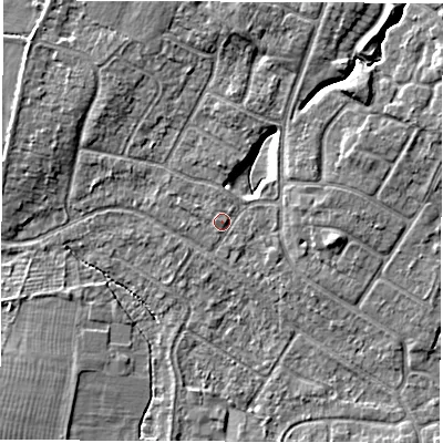 Shaded relief map of the ground around CV116DG, computed from Environment Agency LiDAR. The ground here sits at about 84 m above sea level and falls 7 m across the surrounding 800 m. Surface water reaching this point runs off ground lying to the north-east, 5.0 m higher.