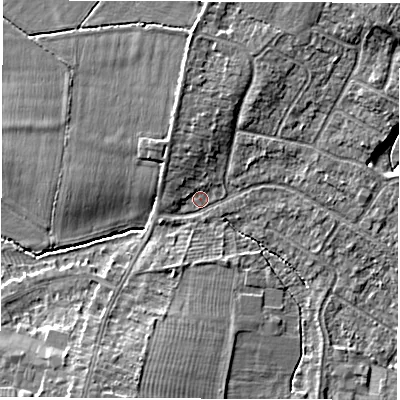 Shaded relief map of the ground around CV116DH, computed from Environment Agency LiDAR. The ground here sits at about 82 m above sea level and falls 7 m across the surrounding 800 m. Surface water reaching this point runs off ground lying to the north-east, 5.7 m higher.