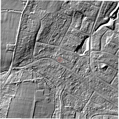 Shaded relief map of the ground around CV116DJ, computed from Environment Agency LiDAR. The ground here sits at about 83 m above sea level and falls 7 m across the surrounding 800 m. Surface water reaching this point runs off ground lying to the north-east, 5.0 m higher.