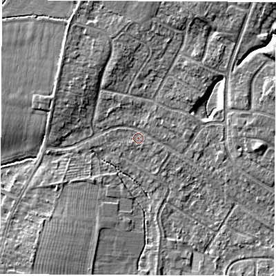 Shaded relief map of the ground around CV116DL, computed from Environment Agency LiDAR. The ground here sits at about 83 m above sea level and falls 7 m across the surrounding 800 m. Surface water reaching this point runs off ground lying to the east-north-east, 4.7 m higher.