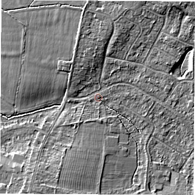 Shaded relief map of the ground around CV116DP, computed from Environment Agency LiDAR. The ground here sits at about 82 m above sea level and falls 7 m across the surrounding 800 m. Surface water reaching this point runs off ground lying to the north-east, 5.6 m higher.