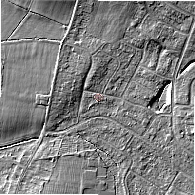 Shaded relief map of the ground around CV116DT, computed from Environment Agency LiDAR. The ground here sits at about 83 m above sea level and falls 8 m across the surrounding 800 m. Surface water reaching this point runs off ground lying to the north-north-west, 1.3 m higher.