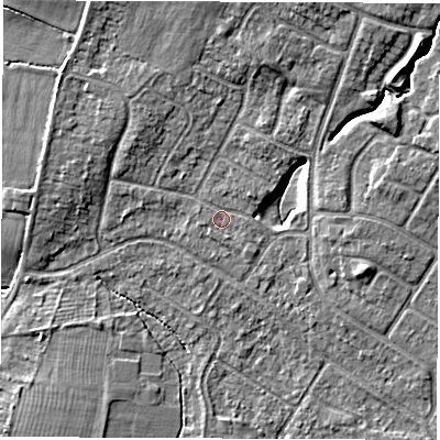 Shaded relief map of the ground around CV116DU, computed from Environment Agency LiDAR. The ground here sits at about 83 m above sea level and falls 8 m across the surrounding 800 m. Surface water reaching this point runs off ground lying to the north-east, 3.3 m higher.
