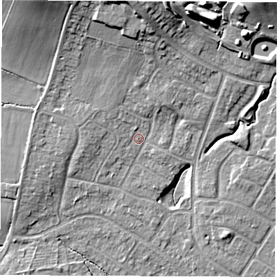 Shaded relief map of the ground around CV116DX, computed from Environment Agency LiDAR. The ground here sits at about 84 m above sea level and falls 15 m across the surrounding 800 m. Surface water reaching this point runs off ground lying to the north-north-east, 11.4 m higher.