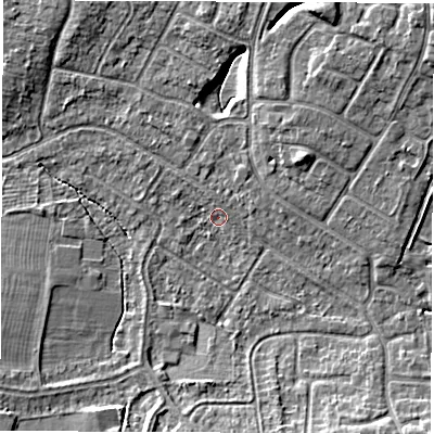 Shaded relief map of the ground around CV116DZ, computed from Environment Agency LiDAR. The ground here sits at about 83 m above sea level and falls 7 m across the surrounding 800 m. Surface water reaching this point runs off ground lying to the east-north-east, 1.8 m higher.