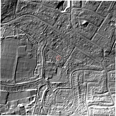 Shaded relief map of the ground around CV116ED, computed from Environment Agency LiDAR. The ground here sits at about 83 m above sea level and falls 12 m across the surrounding 800 m. Surface water reaching this point runs off ground lying to the south-east, 11.1 m higher.
