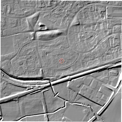 Shaded relief map of the ground around CV116FS, computed from Environment Agency LiDAR. The ground here sits at about 84 m above sea level and falls 15 m across the surrounding 800 m. Surface water reaching this point runs off ground lying to the north-east, 1.3 m higher.