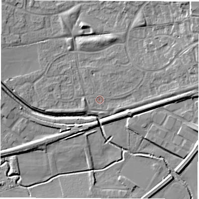 Shaded relief map of the ground around CV116FT, computed from Environment Agency LiDAR. The ground here sits at about 83 m above sea level and falls 14 m across the surrounding 800 m. Surface water reaching this point runs off ground lying to the east-north-east, 2.5 m higher.