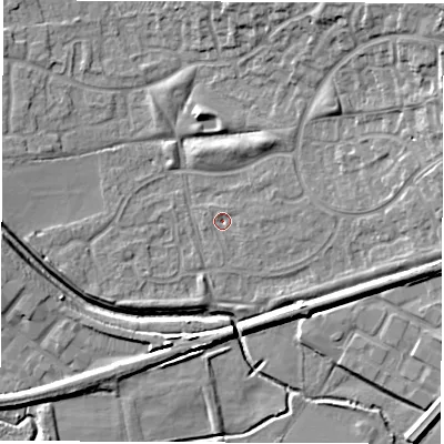 Shaded relief map of the ground around CV116GG, computed from Environment Agency LiDAR. The ground here sits at about 83 m above sea level and falls 15 m across the surrounding 800 m. Surface water reaching this point runs off ground lying to the north-east, 12.5 m higher.