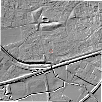 Shaded relief map of the ground around CV116GN, computed from Environment Agency LiDAR. The ground here sits at about 83 m above sea level and falls 14 m across the surrounding 800 m. Surface water reaching this point runs off ground lying to the north-east, 12.1 m higher.
