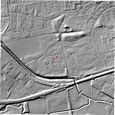 Shaded relief map of the ground around CV116GW, computed from Environment Agency LiDAR. The ground here sits at about 83 m above sea level and falls 13 m across the surrounding 800 m. Surface water reaching this point runs off ground lying to the west, 2.9 m higher.