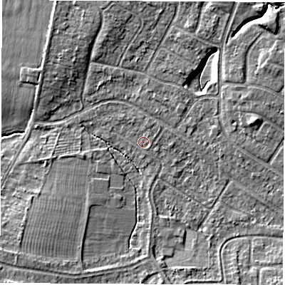 Shaded relief map of the ground around CV116HH, computed from Environment Agency LiDAR. The ground here sits at about 82 m above sea level and falls 7 m across the surrounding 800 m. Surface water reaching this point runs off ground lying to the north-north-east, 0.9 m higher.