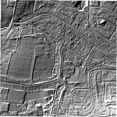 Shaded relief map of the ground around CV116HJ, computed from Environment Agency LiDAR. The ground here sits at about 82 m above sea level and falls 12 m across the surrounding 800 m. Surface water reaching this point runs off ground lying to the south-west, 6.1 m higher.