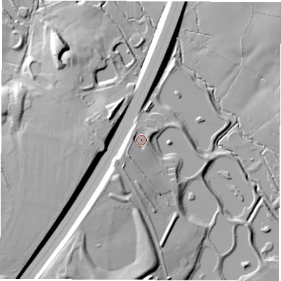 Shaded relief map of the ground around CV116QJ, computed from Environment Agency LiDAR. The ground here sits at about 108 m above sea level and falls 23 m across the surrounding 800 m. Surface water reaching this point runs off ground lying to the south-west, 5.4 m higher.