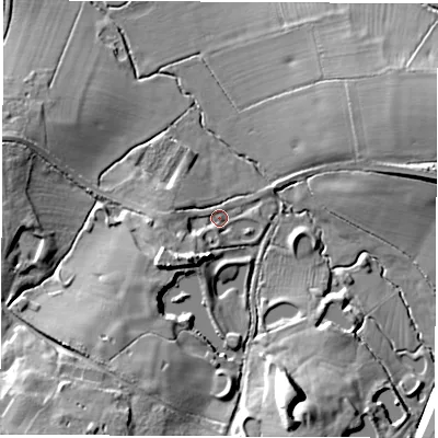 Shaded relief map of the ground around CV116RB, computed from Environment Agency LiDAR. The ground here sits at about 96 m above sea level and falls 21 m across the surrounding 800 m. Surface water reaching this point runs off ground lying to the south-west, 9.2 m higher.