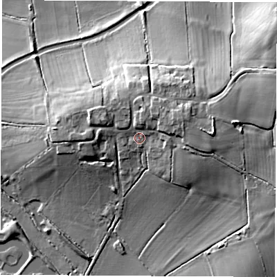 Shaded relief map of the ground around CV116RJ, computed from Environment Agency LiDAR. The ground here sits at about 102 m above sea level and falls 19 m across the surrounding 800 m. Surface water reaching this point runs off ground lying to the east-north-east, 5.2 m higher.