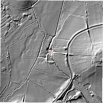 Shaded relief map of the ground around CV116RL, computed from Environment Agency LiDAR. The ground here sits at about 89 m above sea level and falls 15 m across the surrounding 800 m. Surface water reaching this point runs off ground lying to the east-south-east, 7.1 m higher.