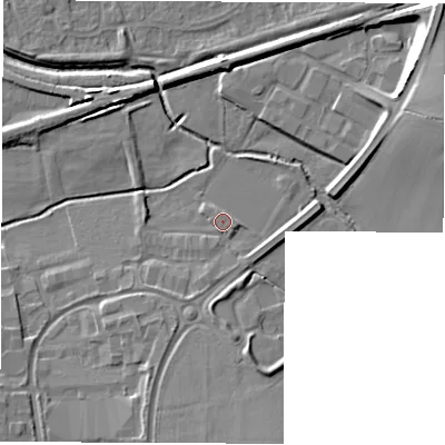 Shaded relief map of the ground around CV116RR, computed from Environment Agency LiDAR. The ground here sits at about 84 m above sea level and falls 15 m across the surrounding 800 m. Surface water reaching this point runs off ground lying to the east, 2.3 m higher.