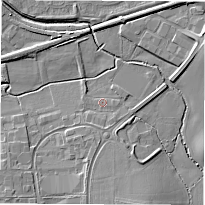 Shaded relief map of the ground around CV116RZ, computed from Environment Agency LiDAR. The ground here sits at about 84 m above sea level and falls 11 m across the surrounding 800 m. Surface water reaching this point runs off ground lying to the east, 1.2 m higher.