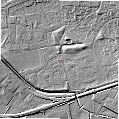 Shaded relief map of the ground around CV116SY, computed from Environment Agency LiDAR. The ground here sits at about 83 m above sea level and falls 15 m across the surrounding 800 m. Surface water reaching this point runs off ground lying to the north-east, 12.1 m higher.