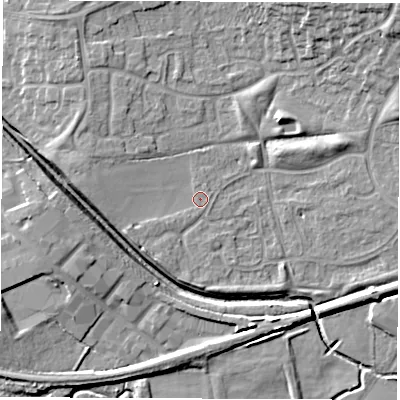 Shaded relief map of the ground around CV116SZ, computed from Environment Agency LiDAR. The ground here sits at about 84 m above sea level and falls 13 m across the surrounding 800 m. Surface water reaching this point runs off ground lying to the south-south-west, 0.7 m higher.