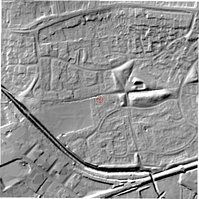 Shaded relief map of the ground around CV116TY, computed from Environment Agency LiDAR. The ground here sits at about 83 m above sea level and falls 14 m across the surrounding 800 m. Surface water reaching this point runs off ground lying to the west, 2.6 m higher.