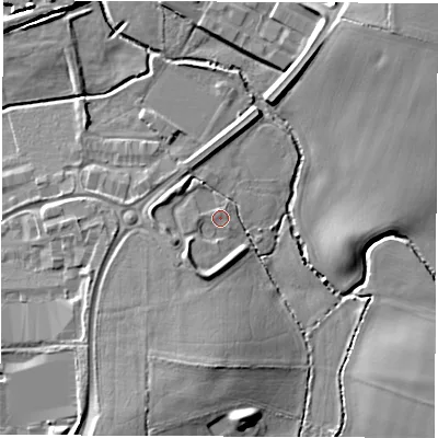 Shaded relief map of the ground around CV116WZ, computed from Environment Agency LiDAR. The ground here sits at about 84 m above sea level and falls 14 m across the surrounding 800 m. Surface water reaching this point runs off ground lying to the south, 5.9 m higher.