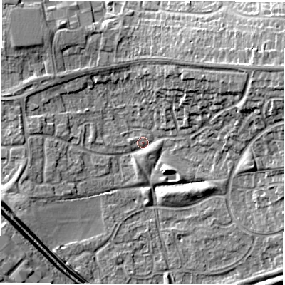 Shaded relief map of the ground around CV116YJ, computed from Environment Agency LiDAR. The ground here sits at about 83 m above sea level and falls 15 m across the surrounding 800 m. Surface water reaching this point runs off ground lying to the north-east, 10.7 m higher.