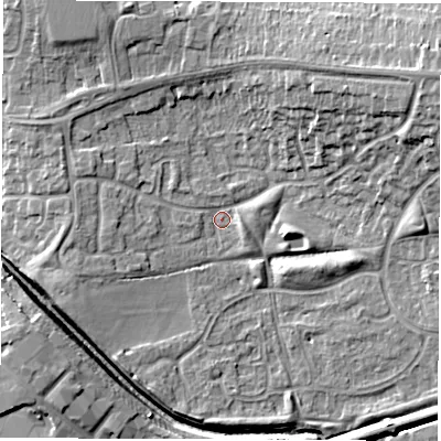 Shaded relief map of the ground around CV116YL, computed from Environment Agency LiDAR. The ground here sits at about 83 m above sea level and falls 15 m across the surrounding 800 m. Surface water reaching this point runs off ground lying to the north-east, 10.8 m higher.