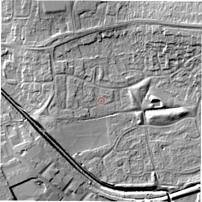 Shaded relief map of the ground around CV116YP, computed from Environment Agency LiDAR. The ground here sits at about 84 m above sea level and falls 14 m across the surrounding 800 m. Surface water reaching this point runs off ground lying to the west, 1.8 m higher.