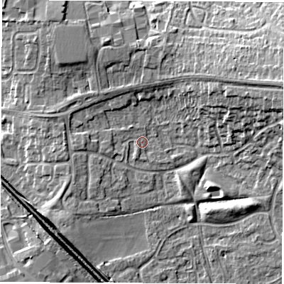 Shaded relief map of the ground around CV116YR, computed from Environment Agency LiDAR. The ground here sits at about 84 m above sea level and falls 14 m across the surrounding 800 m. Surface water reaching this point runs off ground lying to the north-east, 8.1 m higher.