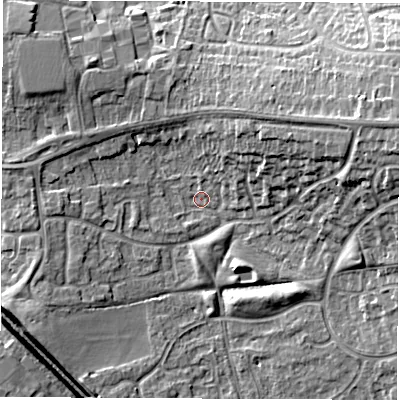 Shaded relief map of the ground around CV116YS, computed from Environment Agency LiDAR. The ground here sits at about 83 m above sea level and falls 15 m across the surrounding 800 m. Surface water reaching this point runs off ground lying to the north-east, 8.3 m higher.