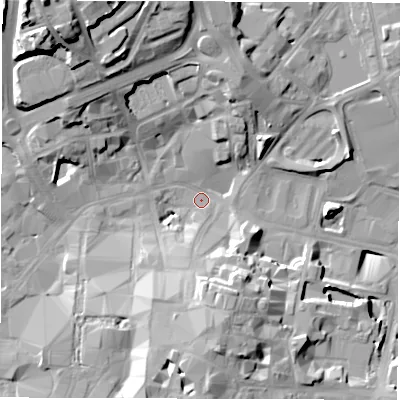 Shaded relief map of the ground around CV11AH, computed from Environment Agency LiDAR. The ground here sits at about 78 m above sea level and falls 30 m across the surrounding 800 m. Surface water reaching this point runs off ground lying to the south, 14.0 m higher.