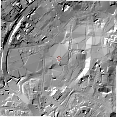 Shaded relief map of the ground around CV11DN, computed from Environment Agency LiDAR. The ground here sits at about 81 m above sea level and falls 19 m across the surrounding 800 m. Surface water reaching this point runs off ground lying to the south-south-east, 2.1 m higher.