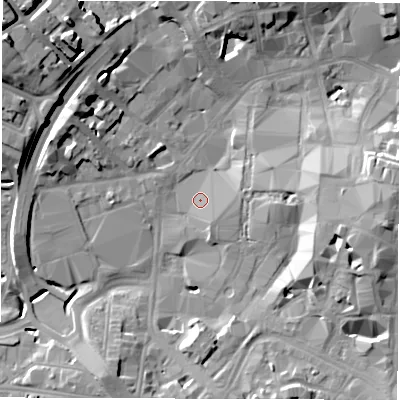 Shaded relief map of the ground around CV11DS, computed from Environment Agency LiDAR. The ground here sits at about 80 m above sea level and falls 19 m across the surrounding 800 m. Surface water reaching this point runs off ground lying to the east-south-east, 14.0 m higher.