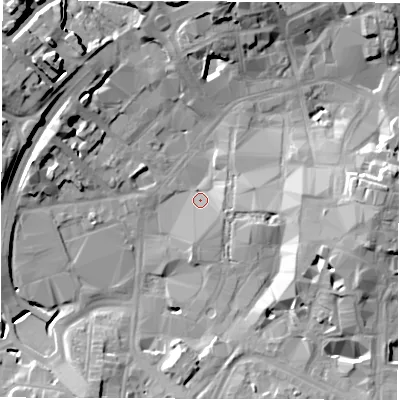 Shaded relief map of the ground around CV11DX, computed from Environment Agency LiDAR. The ground here sits at about 80 m above sea level and falls 19 m across the surrounding 800 m. Surface water reaching this point runs off ground lying to the east-south-east, 13.2 m higher.