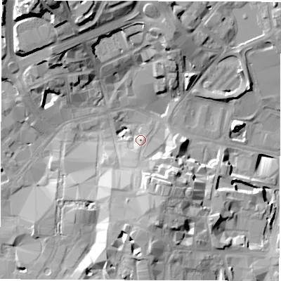 Shaded relief map of the ground around CV11FJ, computed from Environment Agency LiDAR. The ground here sits at about 80 m above sea level and falls 28 m across the surrounding 800 m. Surface water reaching this point runs off ground lying to the south-south-east, 11.3 m higher.