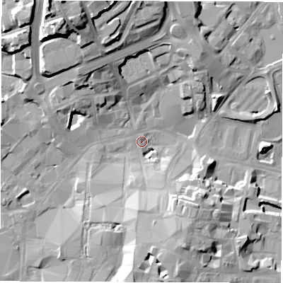 Shaded relief map of the ground around CV11FN, computed from Environment Agency LiDAR. The ground here sits at about 79 m above sea level and falls 26 m across the surrounding 800 m. Surface water reaching this point runs off ground lying to the south-south-east, 15.2 m higher.