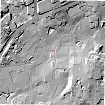 Shaded relief map of the ground around CV11FY, computed from Environment Agency LiDAR. The ground here sits at about 80 m above sea level and falls 19 m across the surrounding 800 m. Surface water reaching this point runs off ground lying to the south-east, 13.2 m higher.